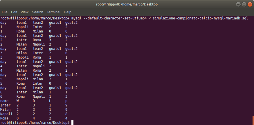 Simulazione di un campionato di calcio con MySQL o MariaDB